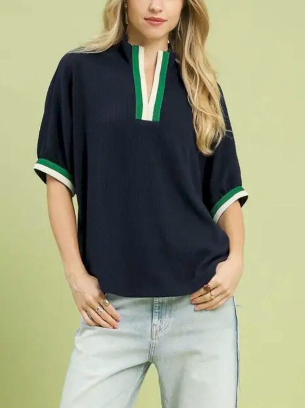 Umgee Navy Sweater with Green and White Trim